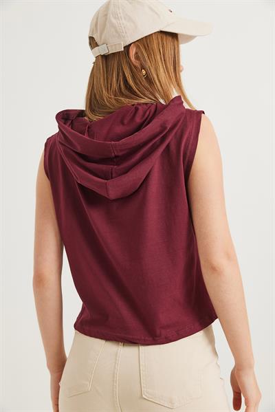 Kapüşonlu Sıfır Kol Baskılı Tshirt Bordo