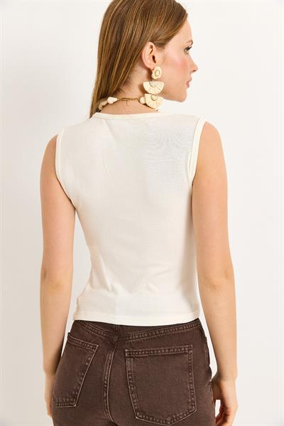 Yanları Büzgülü Pamuk Örme Bluz Beyaz