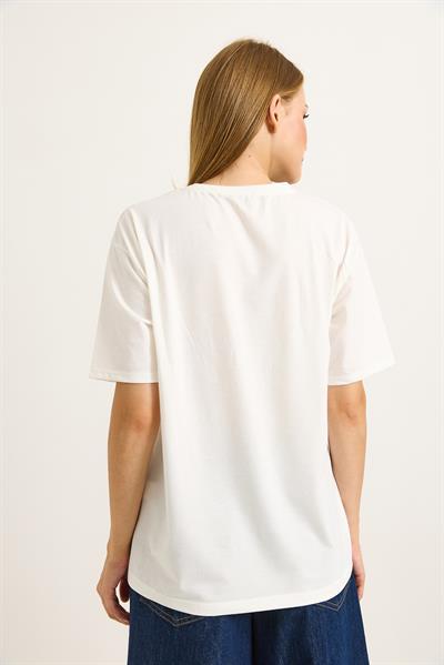 Baskılı Bisiklet Yaka Kısa Kollu Tshirt Beyaz