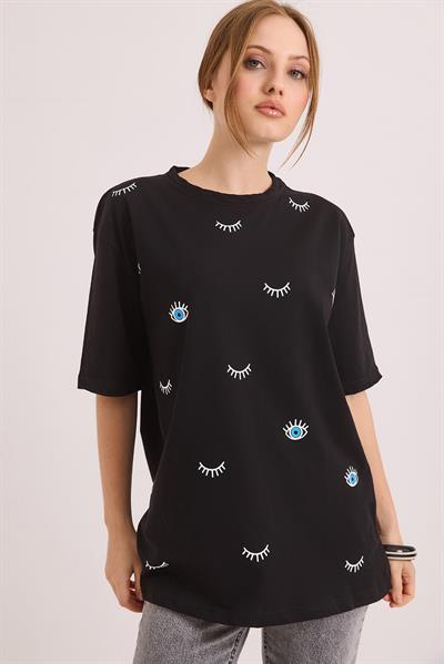 Göz Baskılı Oversize Pamuk Süprem Tshirt Siyah
