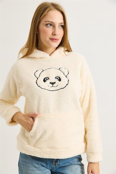 Kadın Kapüşonlu Nakış İşlemeli Peluş Sweatshirt  Ekru