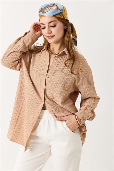 Kadın Oversize Müslin Kumaş Basic Gömlek Camel