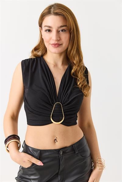 Kalın Askılı Sundy Kumaş Gold Toka Detaylı Bluz Siyah