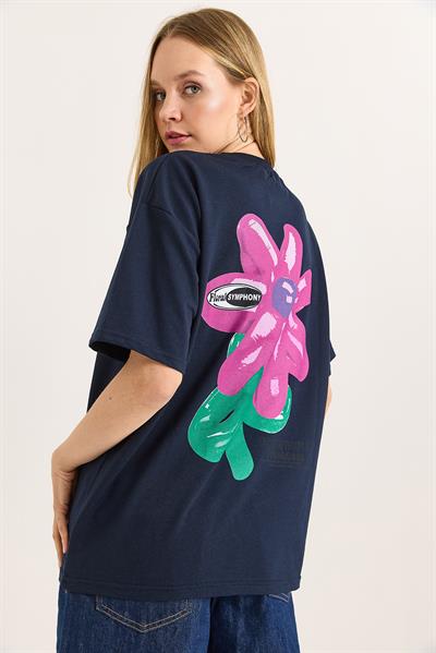 Baskılı Bisiklet Yaka Basic Tshirt Lacivert