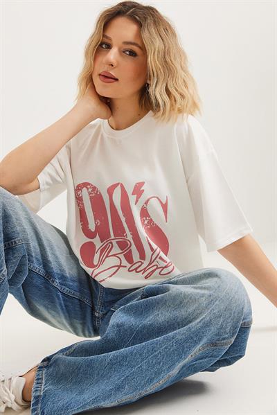 Bisiklet Yaka Kısa Kollu Tshirt Beyaz