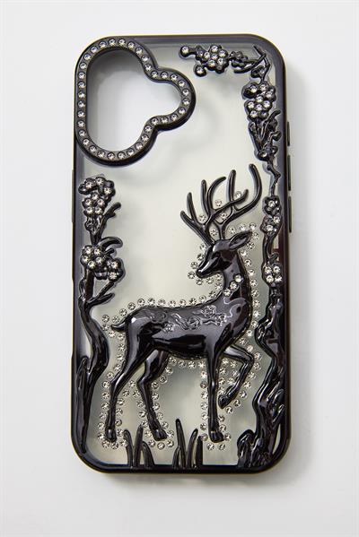 İphone 16 Uyumlu Geyik ve Çiçek Kabartmalı Kılıf Siyah