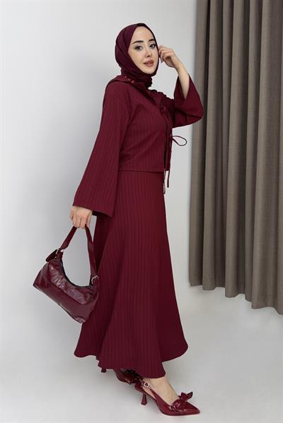 Kadın Önden Bağlamalı Crop Üst - Etekli Takım Bordo