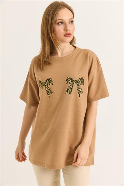 Kurdele Baskı Detaylı Basic TShirt  Vizon
