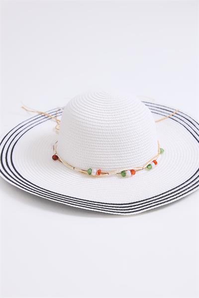 Fiyonk Detaylı Çizgili Hasır Plaj Havuz Şapkası	Beyaz