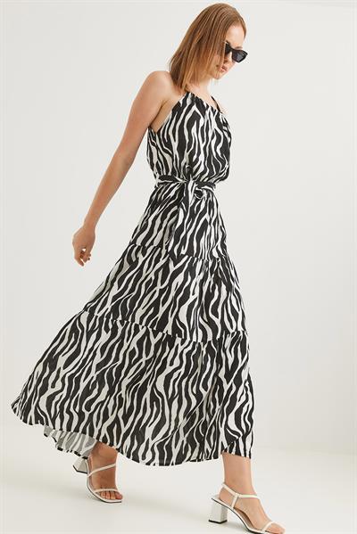 Zebra Halter Yaka Kuşaklı Elbise Siyah