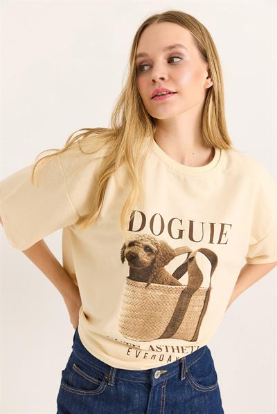 Baskılı Bisiklet Yaka Basic Tshirt Bej