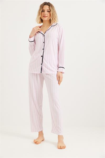 Düğmeli Uzun Kollu Pijama Takımı Pembe