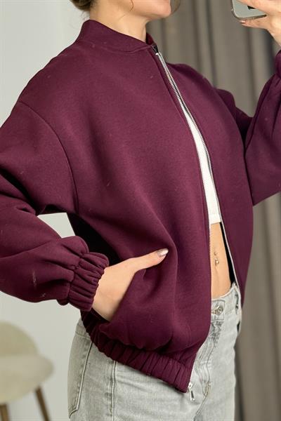 Üç İplik Şardonlu Bordo Beli Lastikli Fermuarlı Hırka