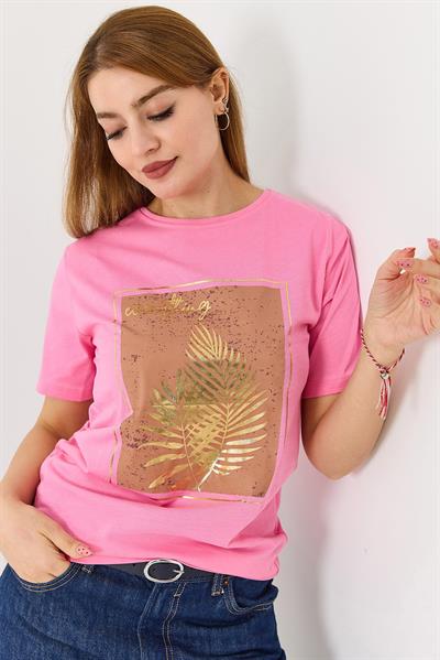 Kadın Palmiye Parlak Baskılı Tshirt Pembe