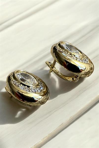 Büyük ve Minimal Taşlı Klipsli Küpe Gold ve Çelik