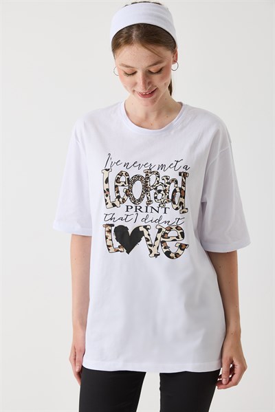 Kadın  Bisiklet Yaka Rahat Kesim Kısa Kol Tshirt Beyaz