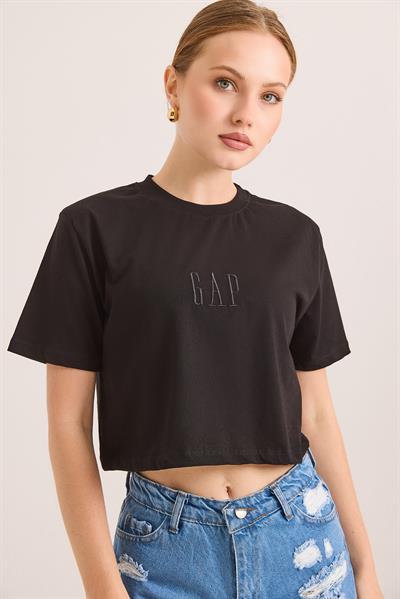 Nakışlı Örme Pamuk Crop Tshirt Siyah