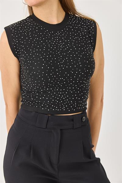 Kadın Taşlı Fitilli Crop Bluz Siyah