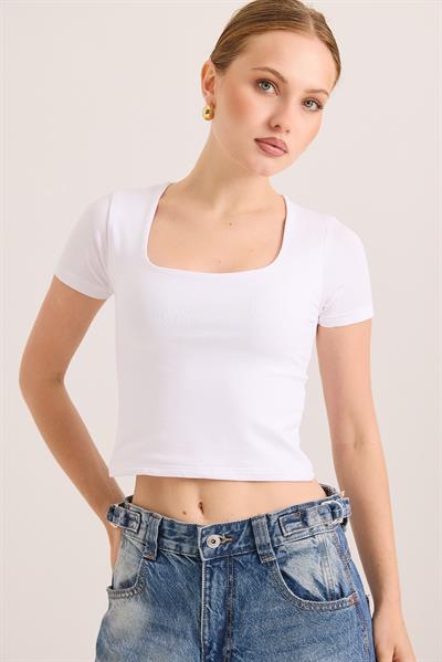 Kare Yaka Esnek Pamuk Örme Bluz Beyaz