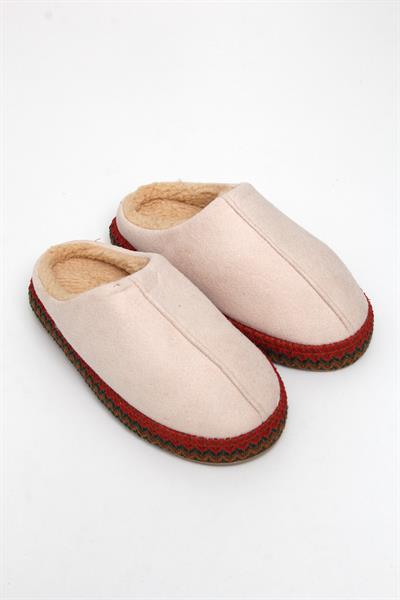 Nakışlı İçi Tüylü Kadın Ev Terliği Bej