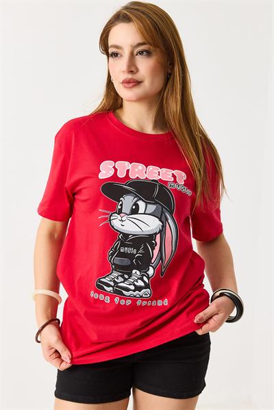 Kadın Baskılı Bisiklet Yaka Kısa Kol Tshirt Kırmızı