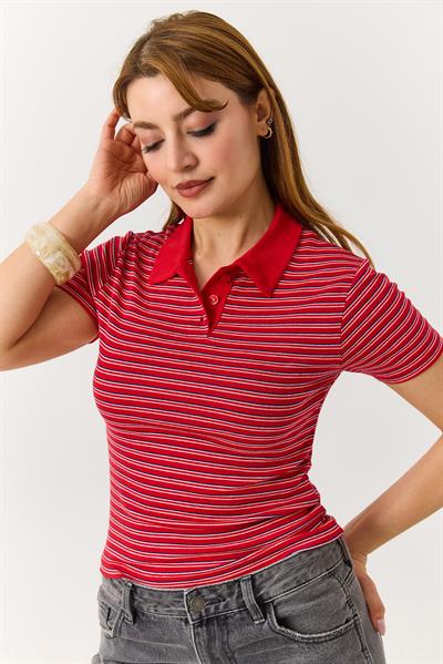 Polo Yaka Düğmeli Çizgili Kısa Kollu Tshirt Kırmızı