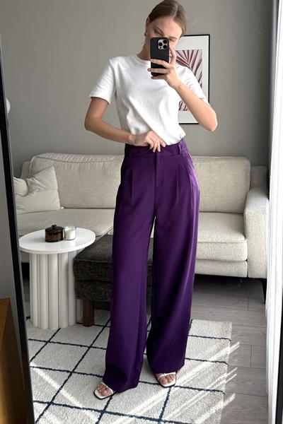 Yüksek Bel Bol Paça Pantalon Mor