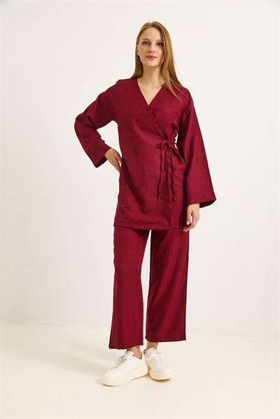 Yandan Bağlamalı Kimono Pantolon İkili Takım Bordo