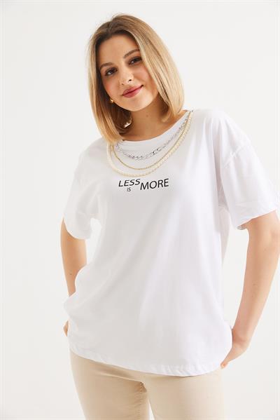 Aksesuar Detaylı Kadın Basic Tshirt Beyaz