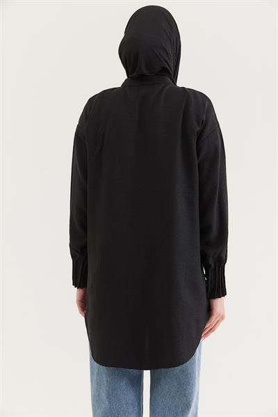 Keten Kumaş Kol Nervül Detaylı Gömlek Tunik Siyah