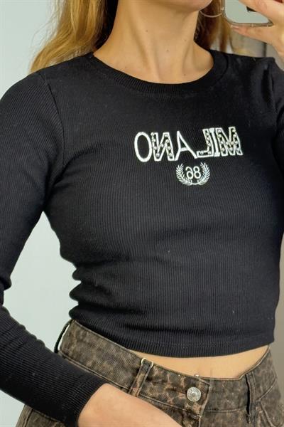 Kadın Uzun Kollu Kaşkorse Yazı Baskılı Crop Bluz Siyah