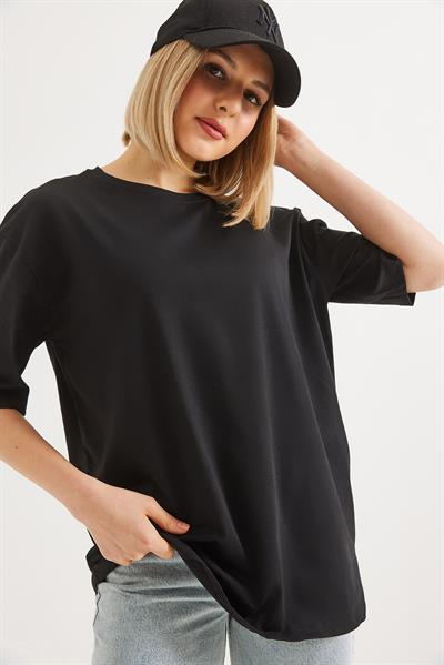 Oversize Bisiklet Yaka Basic Tshirt Siyah