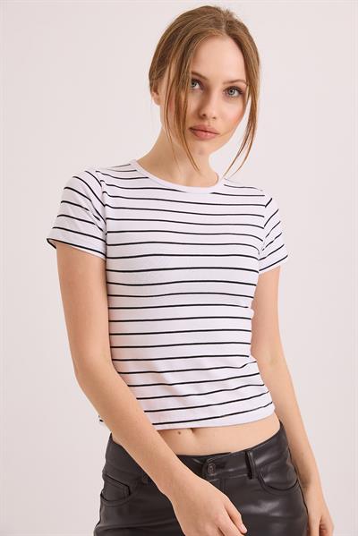 Kısa Kol Likralı Kompak Çizgili Tshirt Beyaz