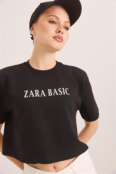 Baskılı Kısa Kol Pamuk Crop Tshirt Siyah