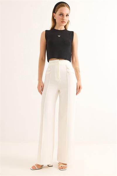 Düğme Detaylı Yüksel Bel Bol Paça Pantolon Beyaz