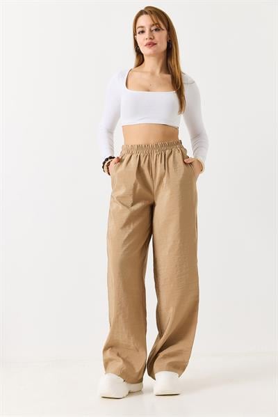 Kadın Bol Kesim Tensel Kumaş Beli Lastikli Sütlü Kahve