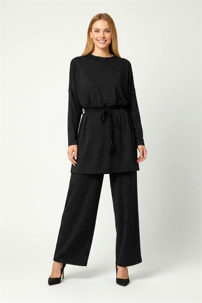 Kadın Taş Baskılı Kemerli Scuba Pantalon Tunik Takım Siyah