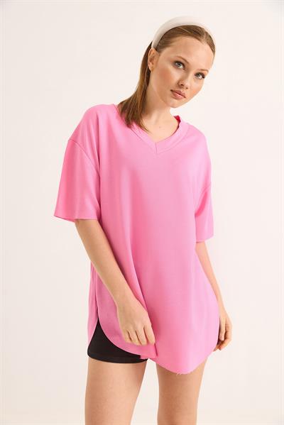 V Yaka Arkası Uzun Basic Tshirt Pembe