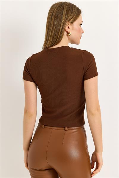 Kalp Detaylı Fitilli Örme Bluz Kahverengi