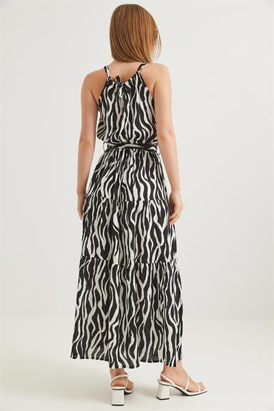 Zebra Halter Yaka Kuşaklı Elbise Siyah