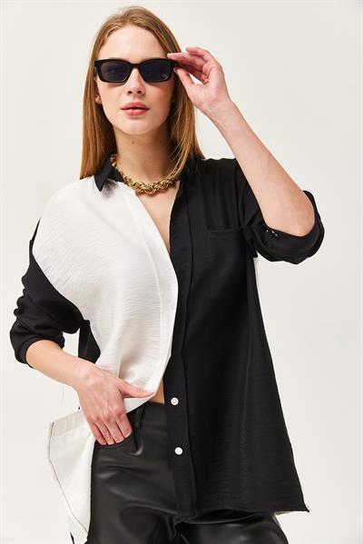 Renk Bloklu Oversize Lilyum Gömlek Siyah