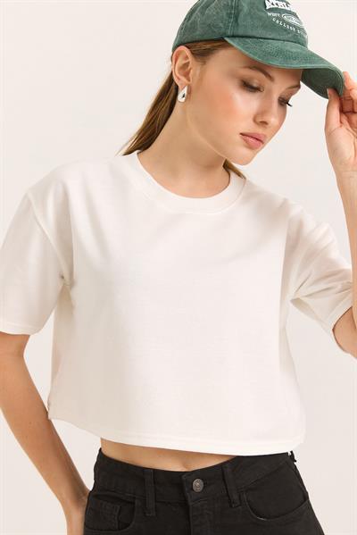 Bisiklet Yaka Havalı Crop İki İp Ekru