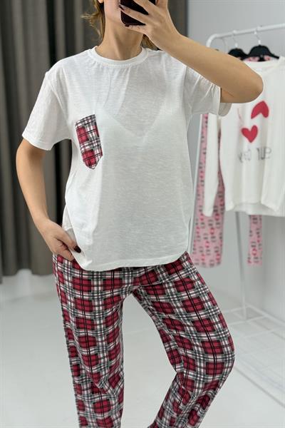 Bisiklet Yaka Beli Lastikli Pijama Takım Kırmızı