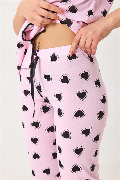 Kadın Kalp Baskılı Pembe Düğmeli Pijama Takımı 