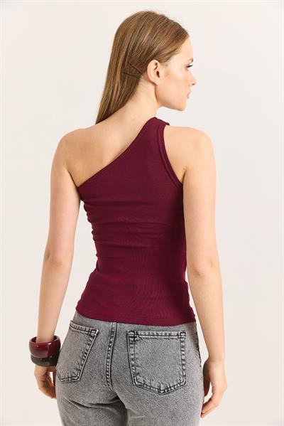 Tek Omuz Esnek Kumaş Bluz Bordo