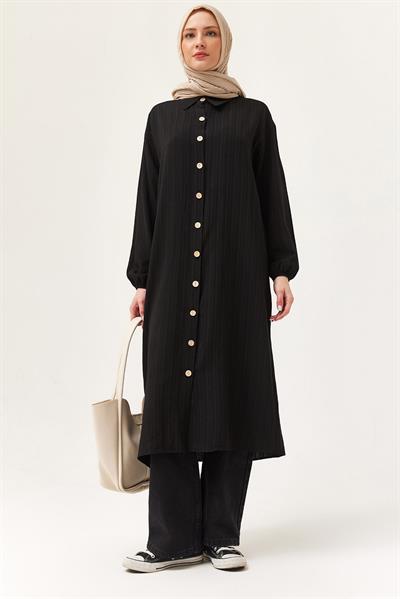Keten Düğmeli Uzun Tesettür Tunik Siyah