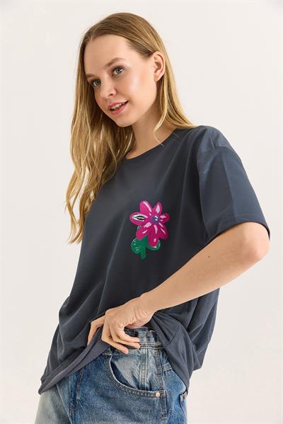 Baskılı Bisiklet Yaka Basic Tshirt Füme
