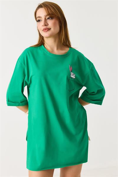 Kadın Yanları Yırtmaçlı  Oversize  Basic Tshirt Yeşil