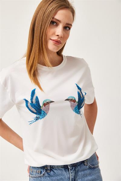 Kuş Baskılı Taş Detaylı Tshirt Ekru