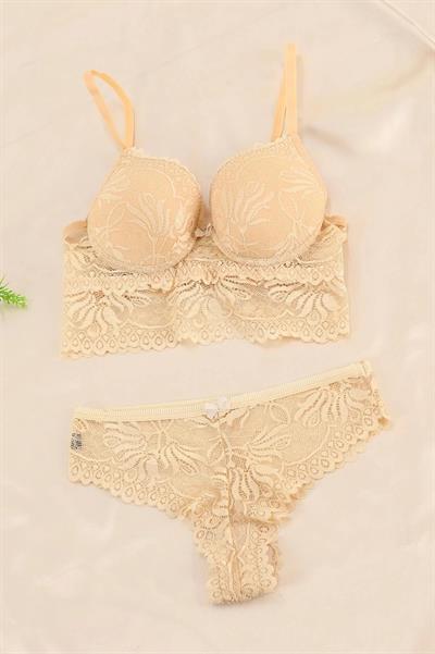 Kadın Dantelli Dolgulu Sütyen Takım Ten 